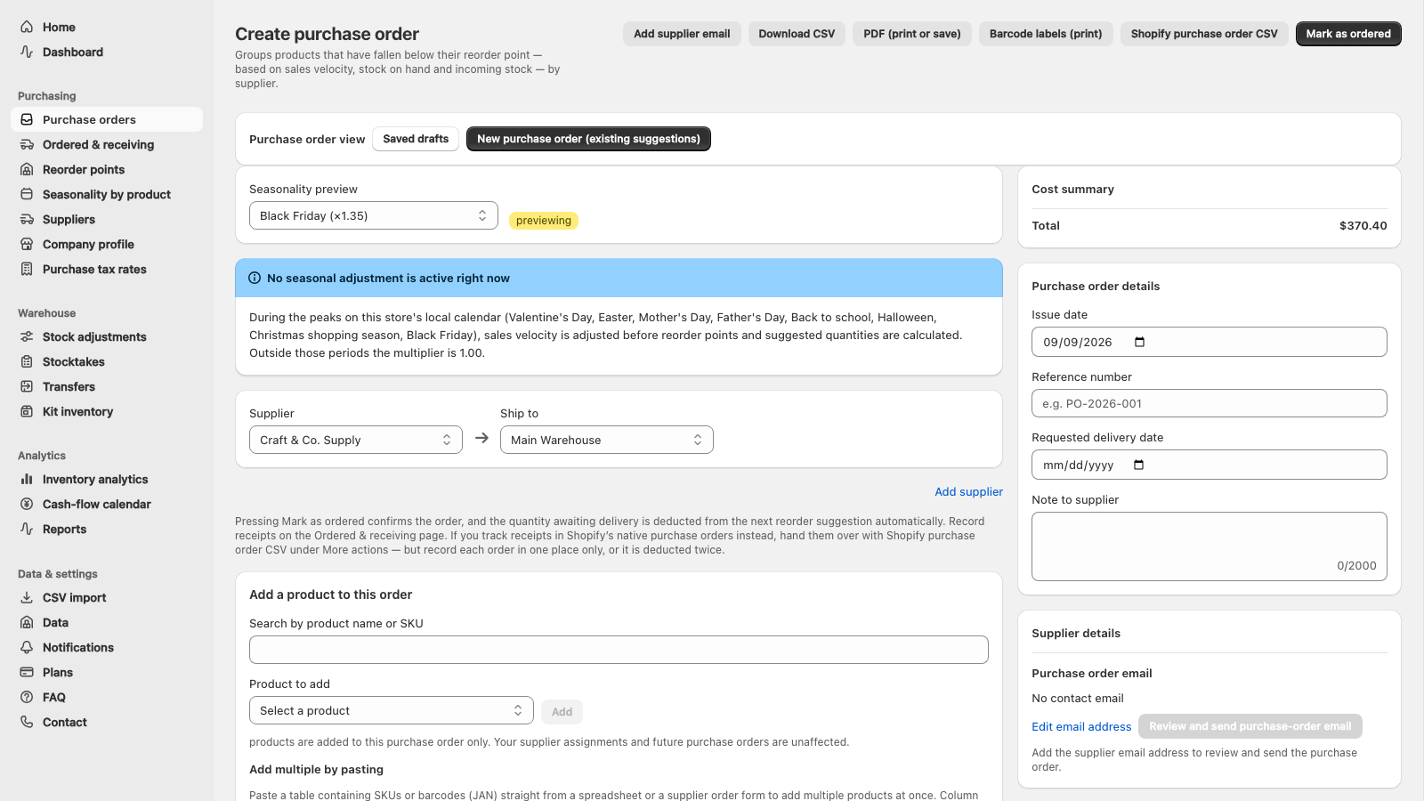 Purchase order editor in UreyukiBox