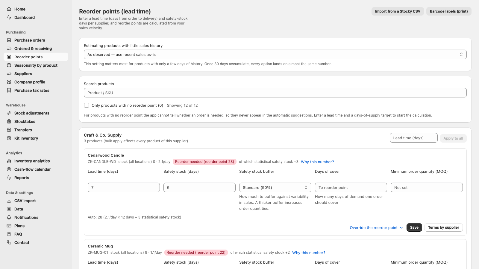 Reorder point settings in UreyukiBox